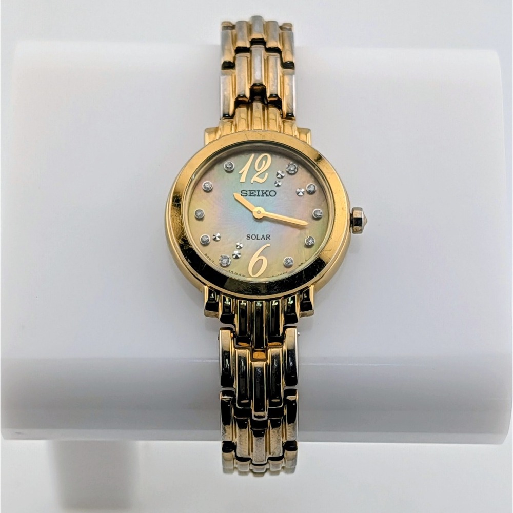 Seiko Solar Tressia Diamond MOP Women's Gold-Tone Watch V115-0CL0 24mm 6"